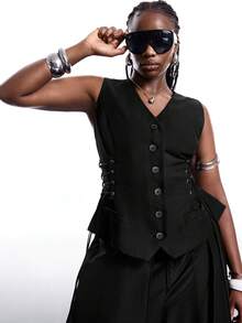 LYSMO Chaqueta de vestir casual versátil de mujer talla grande con cuello en V, abotonadura sencilla y diseño de ojales con lazo - Negro - Ver 6