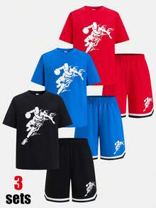 SHEIN 3套买二送一，儿童/青少年男孩夏季套装，包括：篮球印花圆领短袖T恤和黑色短裤运动套装，基础款上衣和T恤套装，红/黑/蓝T恤，运动服，Y2K风格套装，适合春夏、郊游、情人节、约会、旅行、度假、家庭聚会、返校、晚间活动、运动、生日派对等场合。 - 彩色 - 查看 2
