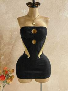 Soleia Women's Suede Strapless Mini Dress, Waist Cutout, Suitable For Music Festival, Party, Bohemian, Beach - Black - View 4