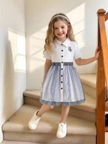 Garden Girls Commuter Style Dress, Summer Collared Shirt Splicing Letter & Numeric Digital Print Mesh Puff Skirt, Suitable For Daily Wear, Vacation & Travel - White - View 4