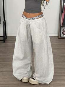 Muchica Grey Knitted Curved Track Pants, Women's Drawstring Waist, Slanted Pockets, Casual Wide-Leg Pants - Grey - View 5