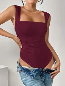 SHEIN Essnce 大码女式夏季休闲性感紧身黑色背心连体衣，夏季女装，曲线加大码，早午餐穿搭，秋季女装 - 中紫紅色 - 查看 8