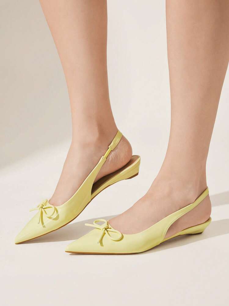 CUCCOO CHICEST Women Shoes Spring And Summer New Sweet Bow Decoration Pointed Flat Bottom Simple Fashion Patent Leather Yellow Women's Heels Commuting Shopping Daily Dating Versatile Shoes