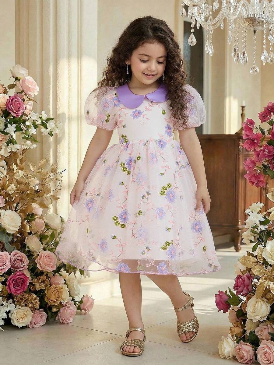 SHEIN Glamorique Kids 女童碎花腰部泡泡袖薄纱优雅派对连衣裙,适合所有季节 - 淡紫色 - 查看 1