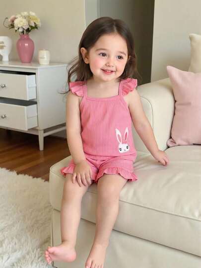 Baby GirlCute & Sweet Pink Striped Strap Outfit, Featuring Ruffle Trim On Shoulders, Hem And Pant Cuffs, Adorned With Cartoon Rabbit Embroidery, Suitable For Everyday Wear