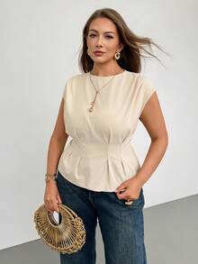 Auralis 大码女式纯色褶皱圆领优雅短袖上衣，夏季 - 杏色 - 查看 3