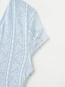 lacRébo Blue Textured Knit V Neck Midi Dress With Lace Insert Details Spring Summer Chic Spring Summer Vacation French Style Parisian Style Wedding Guest Dress - Blue - View 9