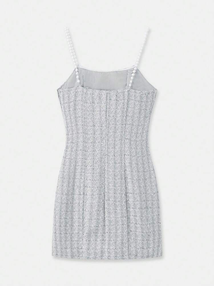 Silver Metallic Tweed Mini Dress With Pearl Straps Party Evening Chic Autumn Winter