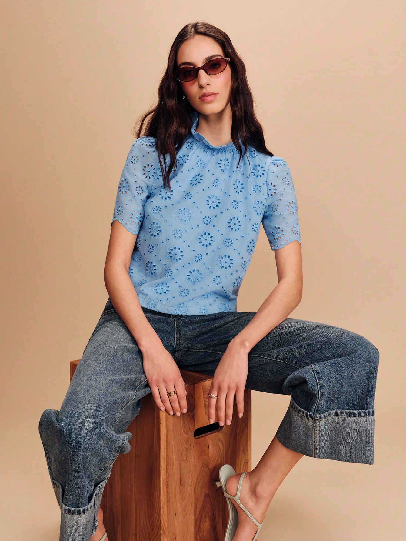 Blue Embroidered Blouse With Cute Ruffle Details Spring Summer Style French Style Parisian Style Office-Wear Going Out