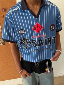 STEELVANCE 男士休闲条纹字母印花短袖Polo衫，夏季 - 藍色 - 查看 1