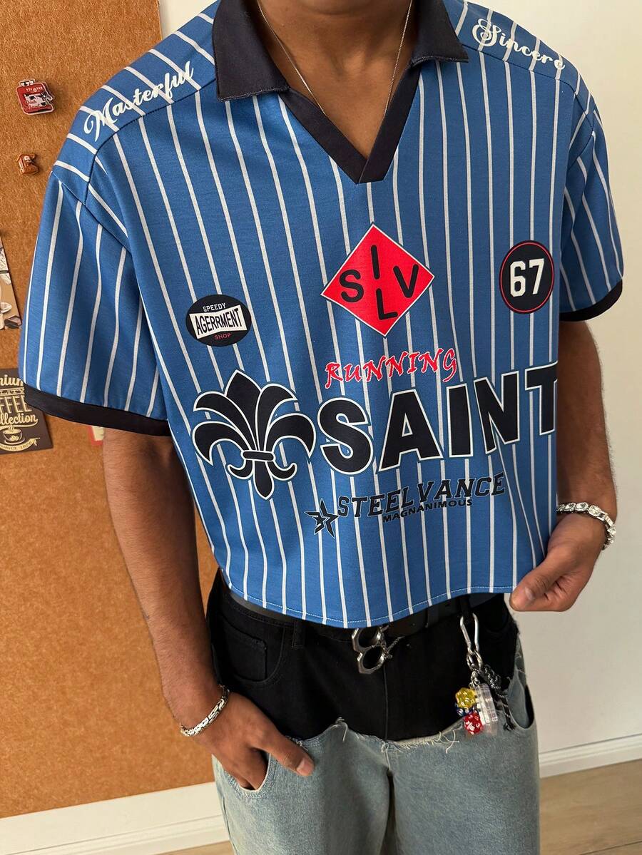 STEELVANCE 男士休闲条纹字母印花短袖Polo衫，夏季 - 藍色 - 查看 1