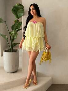 SHEIN SXY 浅黄色迷你无袖荷叶边下摆花苞沙滩裙 - 淡黃色 - 查看 9