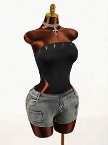 Mistrie Black Summer Strapless Tube Top Bodysuit,Metal Star Decor Rivets,Non-Slip Shoulder Cutout Club Pool Party Punk Street Style Fitted Knit Fabric - Black - View 5