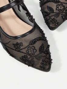 CUCCOO HITCHD Bailarinas elegantes para uso diario con bordado de flores, malla de red y decoración de perlas para mujer - Negro - Ver 9