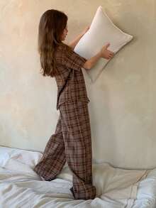 DAZY Tween Girls Plaid Print Short Sleeve Top And Pants Pajama Set - Brown - View 5