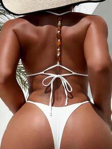 Swim SXY Conjunto de bikini brasileño de mujer con cuello halter, espalda cruzada con cuentas y textura de unicolor, adecuado para vacaciones en la playa, primavera/verano/otoño - Blanco - Ver 1