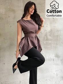 Firerie Áo sơ mi nữ thanh lịch, thời trang công sở, phong cách thành thị, đi nghỉ mát, thoải mái, tay ngắn, kẻ sọc, khóa kim loại ở eo, vạt áo bất đối xứng, màu nâu kẻ sọc. - màu nâu - Xem 7