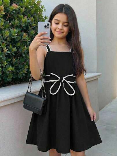 Oversized Tween Girls' Casual Minimalist Black & White Contrast Bow Strap Dress, Loose & Comfortable, Suitable For Spring, Summer, Autumn, Daily Wear, Birthday Parties, Campus Activities, Family Gatherings, Formal Occasions