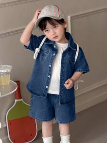 DAZY 2 piezas Conjunto de camisa vaquera con cuello y pantalones cortos de verano para niños pequeños - Celeste - Ver 4