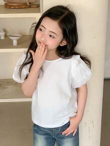 DAZY Girls (Small) Round Neck Ruffle Trim Puff Sleeve T-Shirt - White - View 4