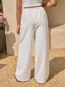 少女白色休闲裤，亚麻质感抽绳沙滩裤，优雅夏季度假波西米亚风白色机场沙滩裤，春季假期 - 白色 - 查看 2