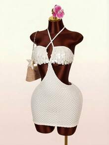 Amplova Women's Beaded Camisole Mini Dress, Sexy Backless Halter Neck With Hollow Waist Design, Suitable For Beach Vacation - White - View 11