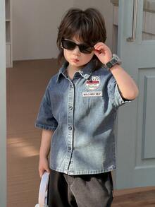 DAZY Young Boy Letter Print Front Button Casual Denim Shirt - Blue - View 6