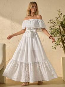 Bóhologie Boderie Off-Shoulder Belted Maxi Dress, High Quality Fabric, Summer Look - White - View 6