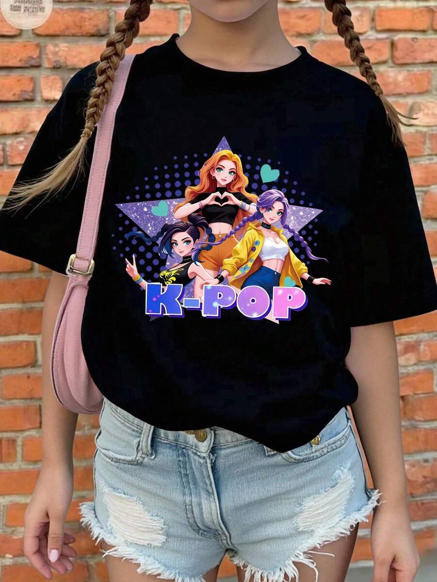 1 chiếc áo thun dáng rộng họa tiết Kpop dễ thương màu tím phối khối, phù hợp cho các bé gái tuổi teen, tuyệt vời để mặc thường ngày vào mùa xuân, hè, thu, đông, món quà Giáng sinh hoàn hảo cho các bé gái. - màu đen - Xem 1