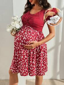 SHEIN Floral Patchwork Sleeveless A-Line Midi Dress, Casual Party Nursing Dress - Burgundy - View 3