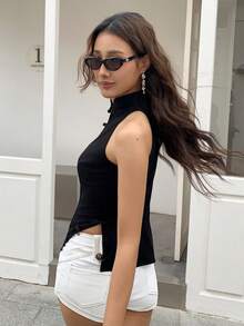 EastFlair Schwarzes verführerisches Abendtop im chinesischen Stil, ärmellose figurbetonte Bluse mit Mandarin-Cheongsam-Kragen, elegant für den Sommer, Business Casual - Schwarz - Übersicht 4