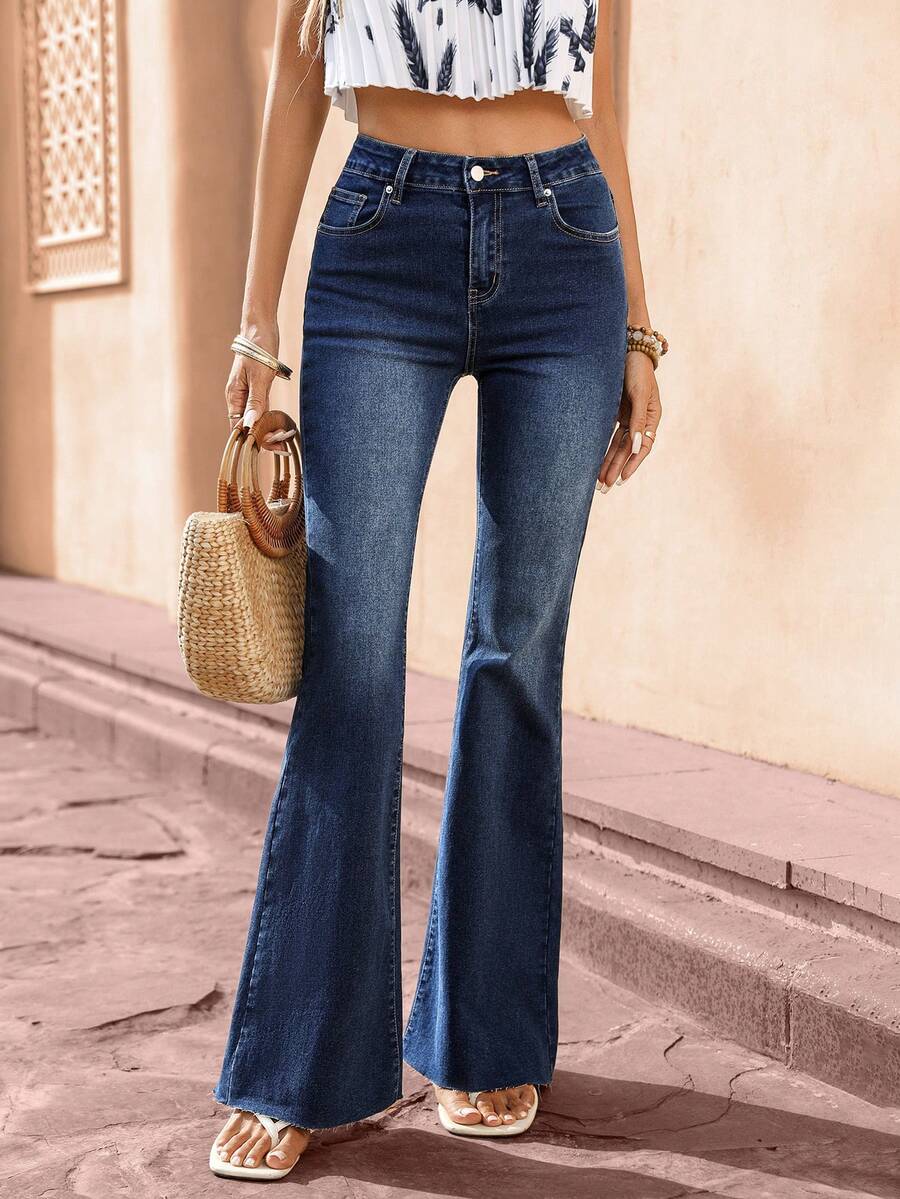 Selianne Women's High Waist Pockets Casual Versatile Flare Jeans - Blue - View 1