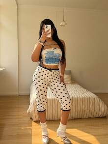 Sunnyshic 大码女式休闲甜美度假通勤波点蕾丝边七分裤打底裤白色七分裤曲线七分裤女式七分裤波点七分裤 - 黑與白 - 查看 4