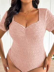 SHEIN Frenchy Áo liền thân cỡ lớn màu đen thanh lịch cổ khoét sâu dành cho nữ, thích hợp cho mùa hè. - Hồng - Xem 4