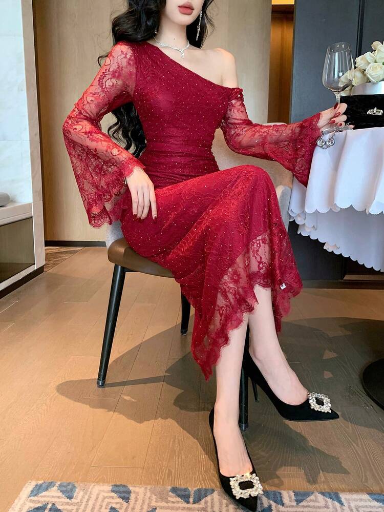 Spring & Summer Red Sequin Lace Dress, Asymmetric Neck Splice, Suitable For Valentine's Day, Wedding, Party, Banquet, Fashion Event, Elegant Office Wear, Waist-Cinching Bodycon Mermaid Hem Long Sleeve Midi Dress For Women
