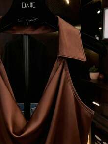 Franclia 夏季法式优雅设计时尚无袖系领修身女式衬衫 - 棕色 - 查看 5