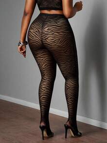 Plus Size Women Sexy Zebra Print Black Mesh Leggings Zebra Print Tights Bottoms Mesh Tights For Women, See Through Curve Tights For Women Plus Size, For Pear And Triangle Body Shape, For Summer - Black - View 3