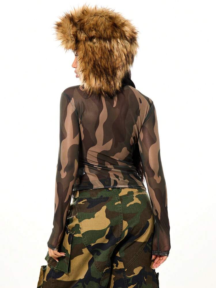 SUMWON WOMEN Camouflage Mesh Long Sleeve Top With Star Print