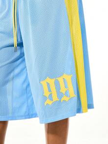 SUMWON WOMEN Women's Oversized Basketball Mesh Shorts With Contrast Panel Yellow Striping And Graphic Logo Design For Street Style Summer - Blue - View 4