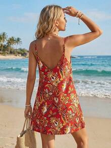 Sylviya Đầm nghỉ mát kiểu Bohemian in họa tiết cổ chữ V hở lưng dành cho nữ - Đỏ - Xem 2