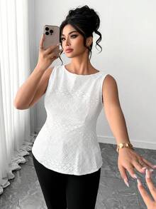 Elenzga Plus Size Women's Summer White Elegant Wedding Guest Blouse,Round Neck Sleeveless Bow-Tie Backless Hollow Eyelet Knit Casual Vacation Tops,Zanzea - White - View 3