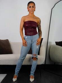 SAYEHFBABY 1 件紫红色鳄鱼印花涂层 PU 弹性腰部褶饰露背吊带背心，性感休闲高街派对俱乐部女装，适合秋冬、圣诞节、新年 - 酒紅色 - 查看 1