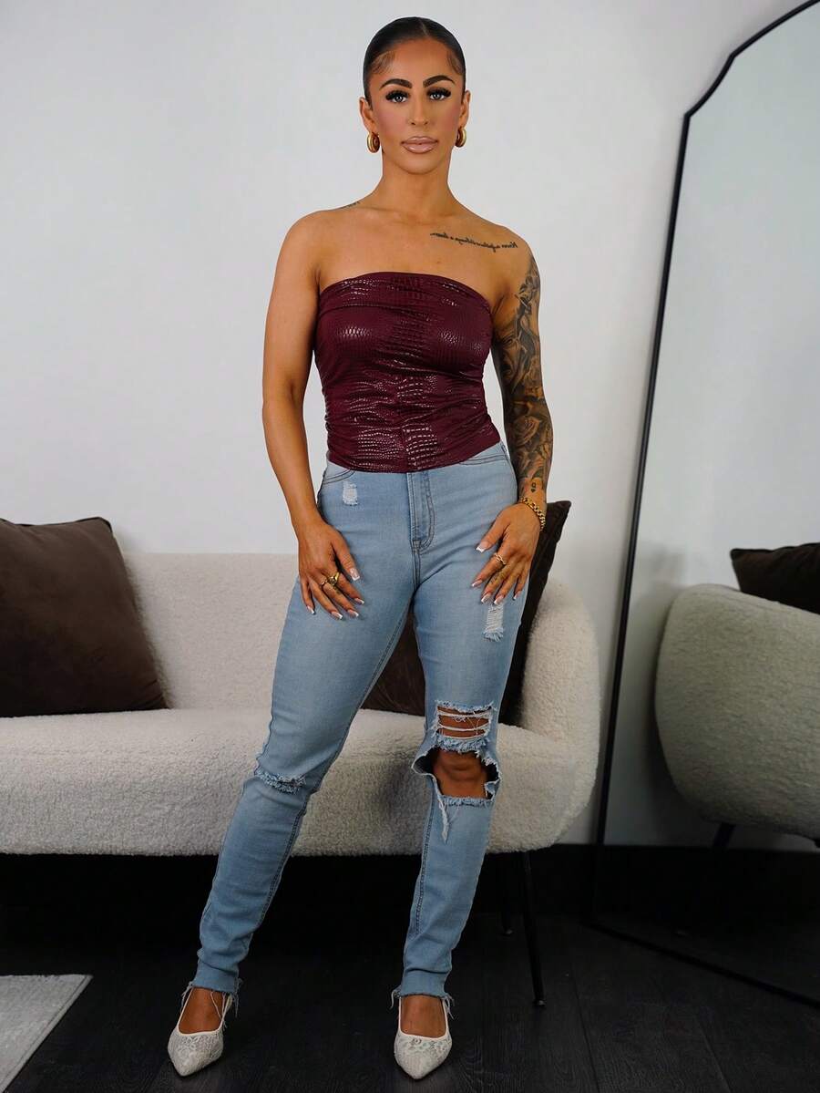 SAYEHFBABY 1 件紫红色鳄鱼印花涂层 PU 弹性腰部褶饰露背吊带背心，性感休闲高街派对俱乐部女装，适合秋冬、圣诞节、新年 - 酒紅色 - 查看 1