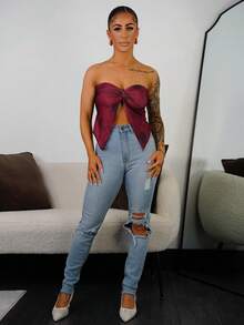 SAYEHFBABY 女士休闲优雅扭结不对称下摆抹胸上衣，扎染印花，安哥拉红 - 彩色 - 查看 1