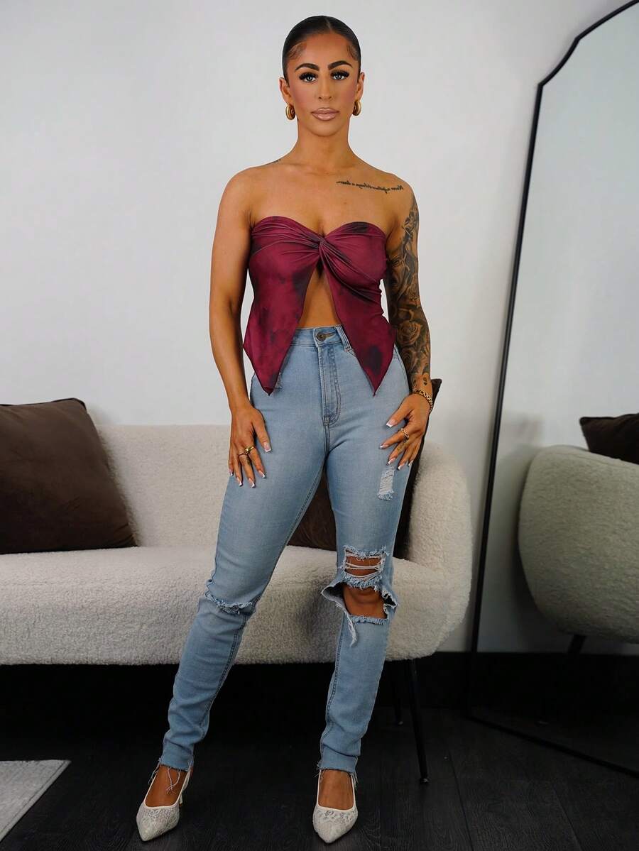 SAYEHFBABY 女士休闲优雅扭结不对称下摆抹胸上衣，扎染印花，安哥拉红 - 彩色 - 查看 1