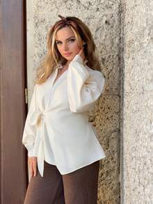Jeta Ari 女式半开襟侧系带套头衫休闲优雅衬衫长袖上衣 - 白色 - 查看 6