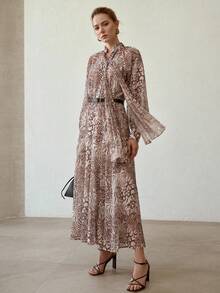 MOTF PREMIUM ALLOVER PRINT TIE NECK LANTERN SLEEVE BELTED FLOWY DRESS - Multicolor - View 8