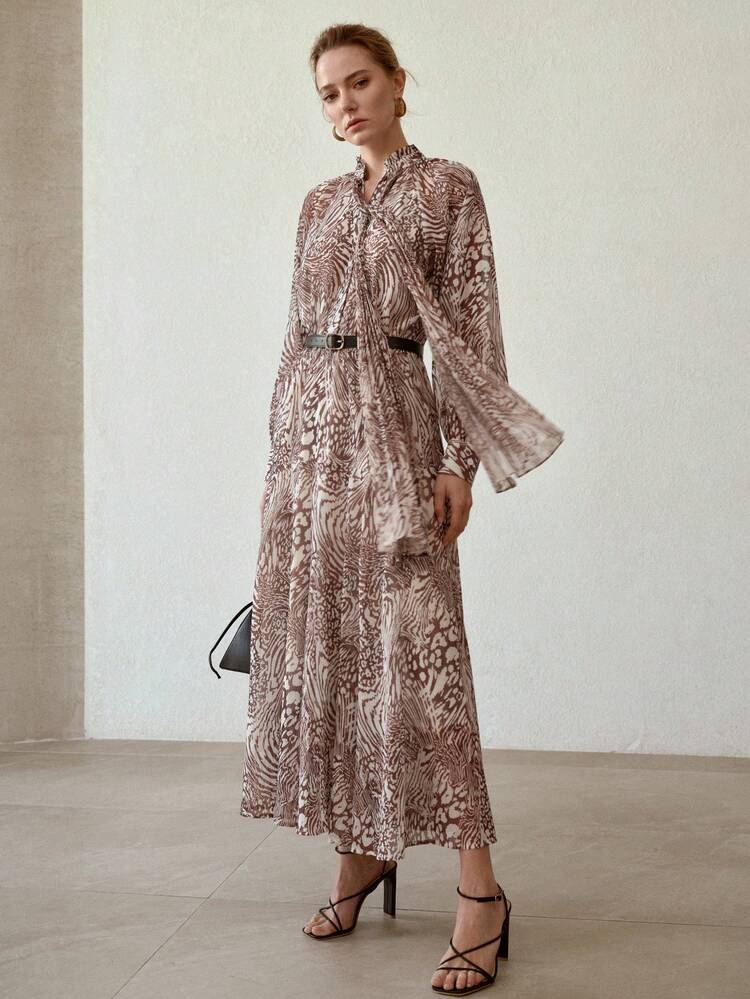 ALLOVER PRINT TIE NECK LANTERN SLEEVE BELTED FLOWY DRESS
