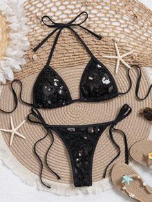 Swim SXY Sexy Sequin Fringed Triangle Cup Swimsuit, Summer - Black - View 6