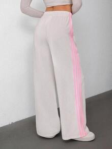 SHEIN Tall White Knit Side Contrast Pink Ribbon Loose Casual Women Sweatpants, Suitable For Spring/Summer - White - View 2